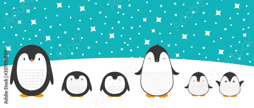 Cute cartoon penguin family greeting card for Merry Christmas and New Year’s celebration under snow and stars doodle vector illustration.