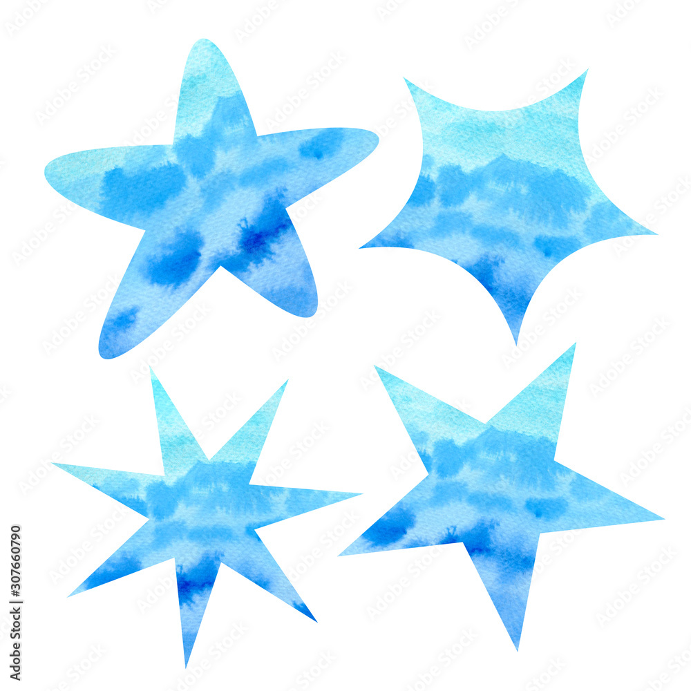 Watercolor blue stars set isolated on white background. Hand painted illustration. Watercolor blue stars set isolated on white background. Hand painted illustration.