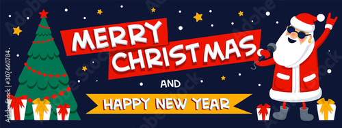 Merry christmas and happy new year greeting. Singing Santa Claus - rock star with merry christmas inscription on dark background. Xmas horizontal banner or cover. Flat style vector illustration..