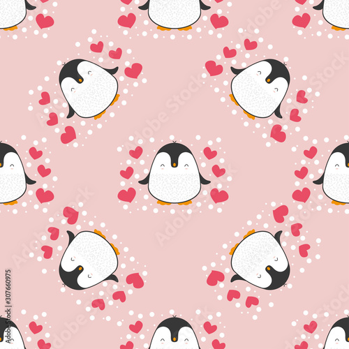 Penguin seamless pattern background. Cute Christmas cartoon doodle vector illustration.