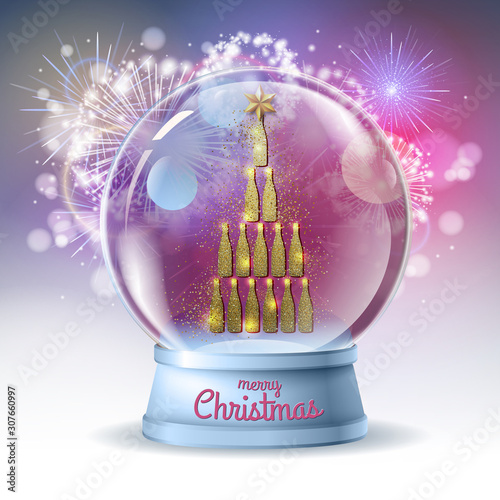 Realistic vector illustration of snow globe with golden champagne bottle pyramid inside. Holiday firework  background photo