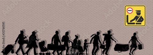 Immigrants silhouette in front of brick wall