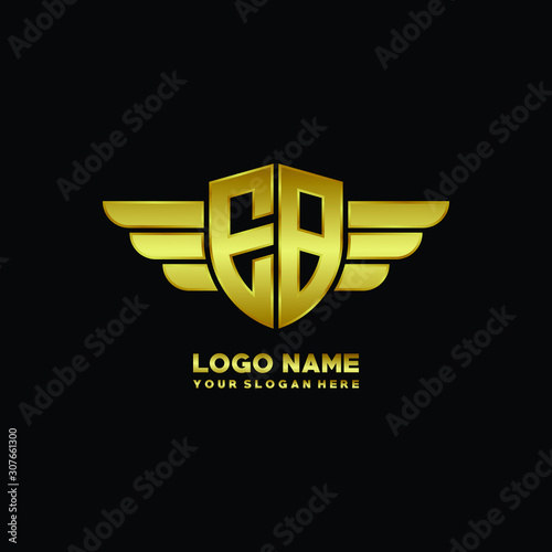 initial letter EB shield logo with wing vector illustration  gold color