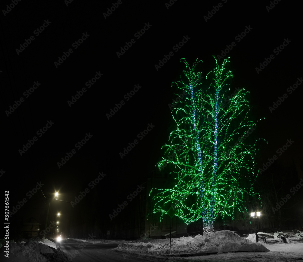 Obraz premium Glowing tree and a lantern in the Park during the winter.