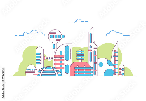 Futuristic city line style banner. Future society. White buildings and skyscrapers, big windows. Sky with white clouds and field or park with trees on background. Eco friendly futuristic megapolis.