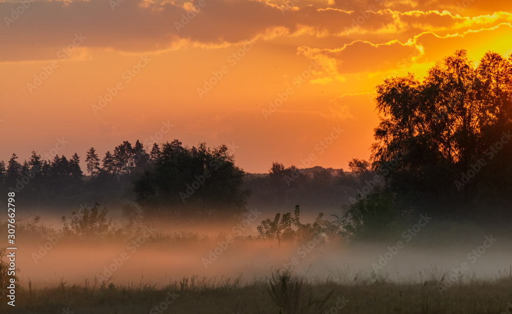 Sunrise through the clouds. Fog creeps across the meadow.