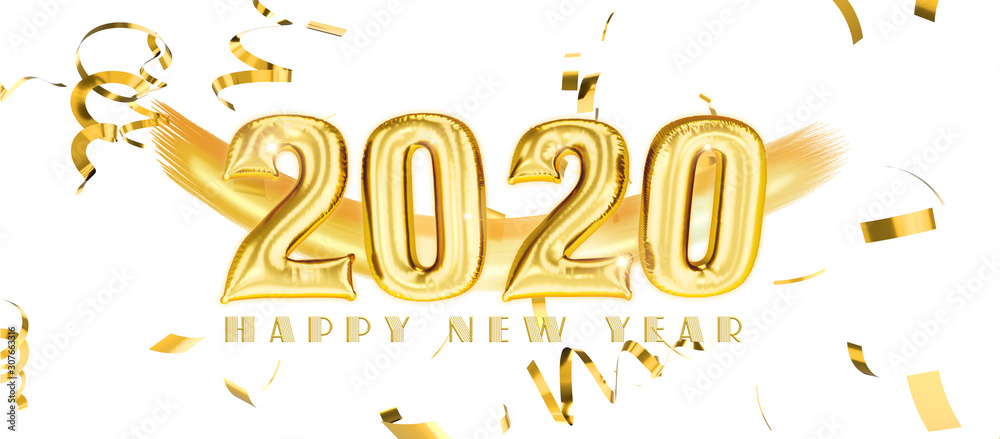 Golden Happy New Year Balloons with Confetti and White Background. 3D illustration. 3D Rendering.