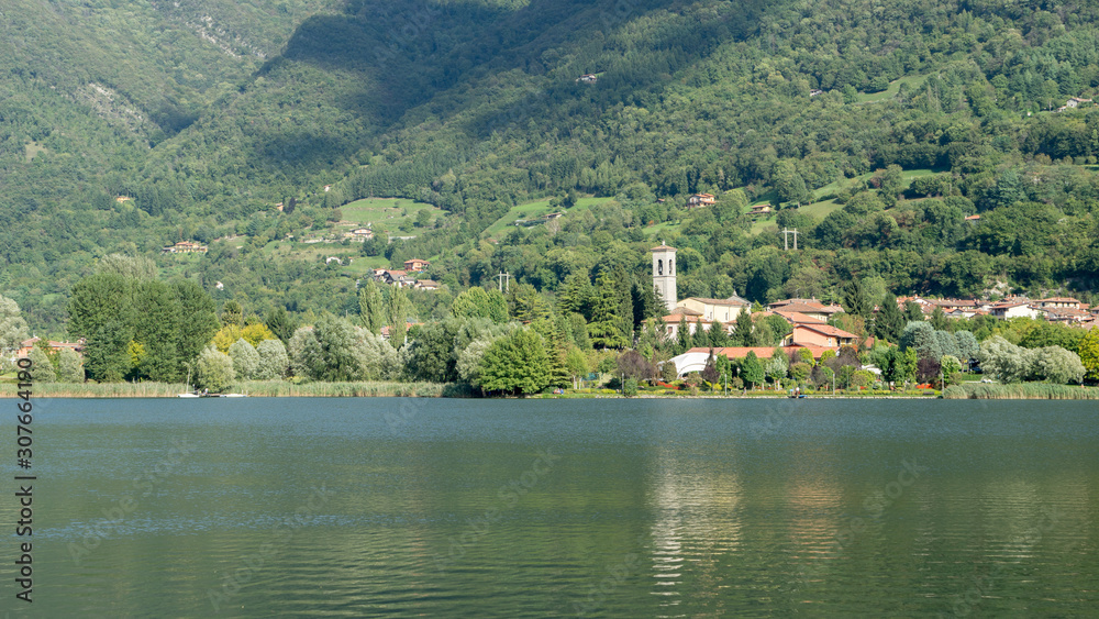 Fototapeta premium View of St Michael Archangel Church at San Felice on Lake Endine near Bergamo