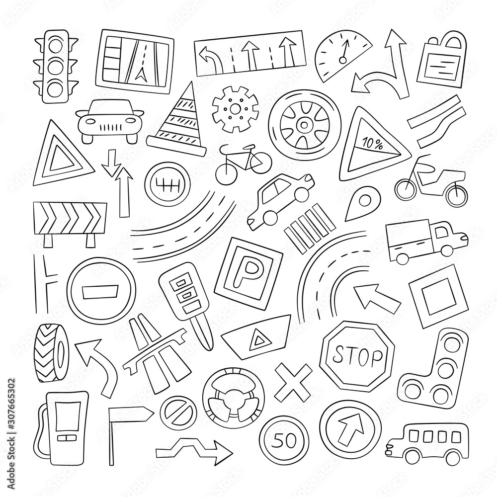 Set of cars, road objects, traffic signs and automobile symbols. Vector illustration in doodle style