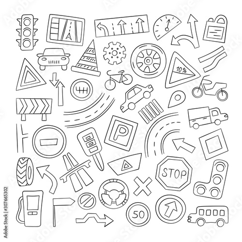 Set of cars, road objects, traffic signs and automobile symbols. Vector illustration in doodle style