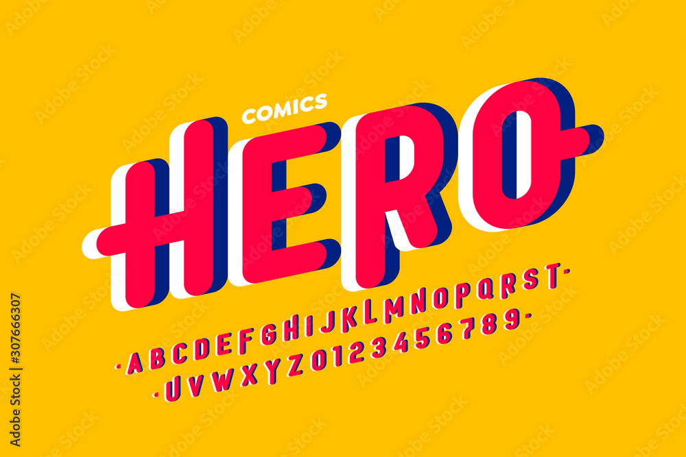 Comics style font, super hero alphabet, letters and numbers