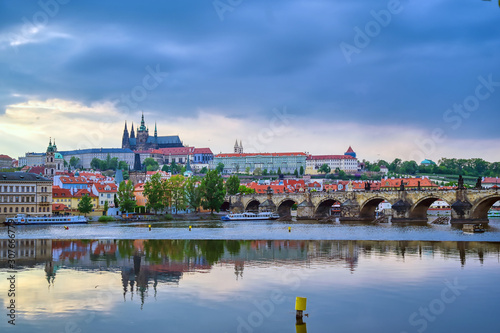 A view of Prague Castle and the Charles Bridge across the Vltava River in Prague  Czech Republic.