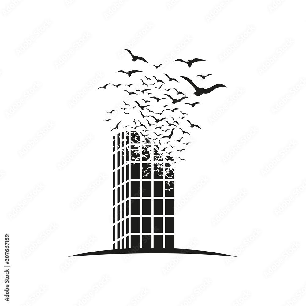 Skyscraper with the effect of destruction. Dispersion. Birds