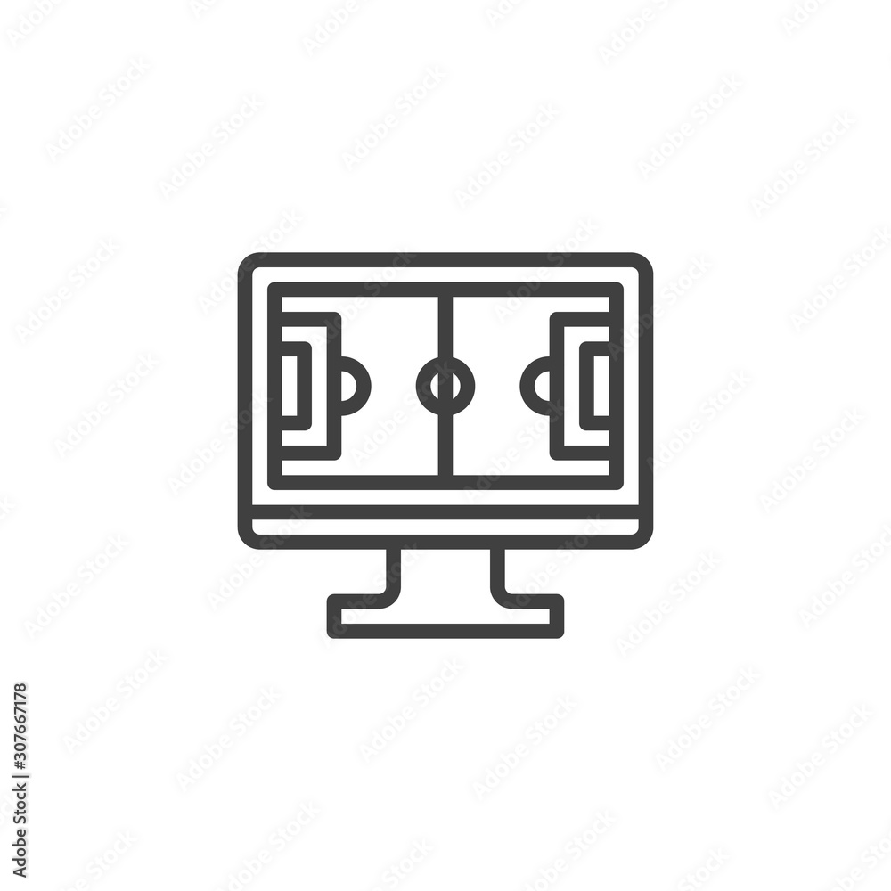 Soccer online line icon. linear style sign for mobile concept and web design. Computer monitor with football field outline vector icon. Symbol, logo illustration. Vector graphics Soccer online line icon. linear style sign for mobile concept and web design. Computer monitor with football field outline vector icon. Symbol, logo illustration. Vector graphics