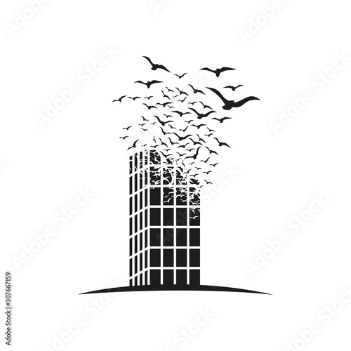 Skyscraper with the effect of destruction. Dispersion. Birds