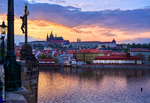 A view of Prague Castle and the Charles Bridge across the Vltava River in Prague, Czech Republic.