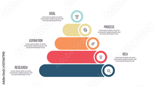 Business infographics. Pyramid chart with 5 parts, steps. Vector template.
