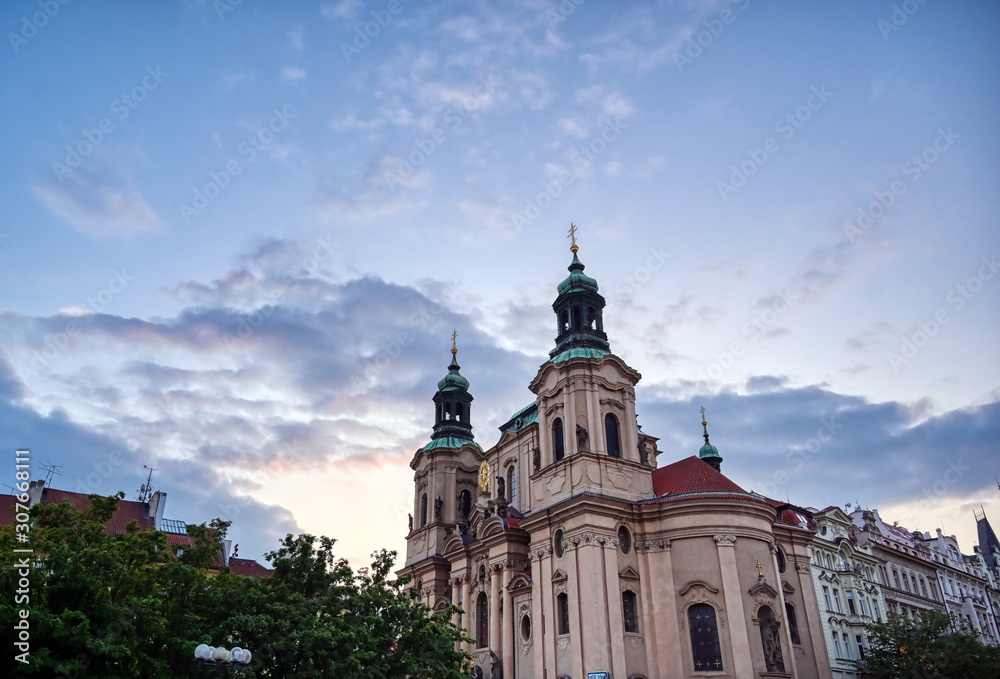 The St. Nicholas Church and the streets of Prague, Czech Republic.