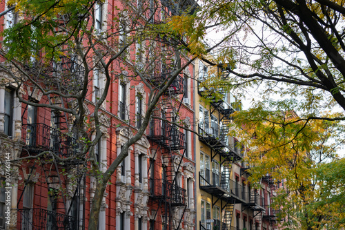 Row of Colorful Old Brick Buildings in the East Village of New York City