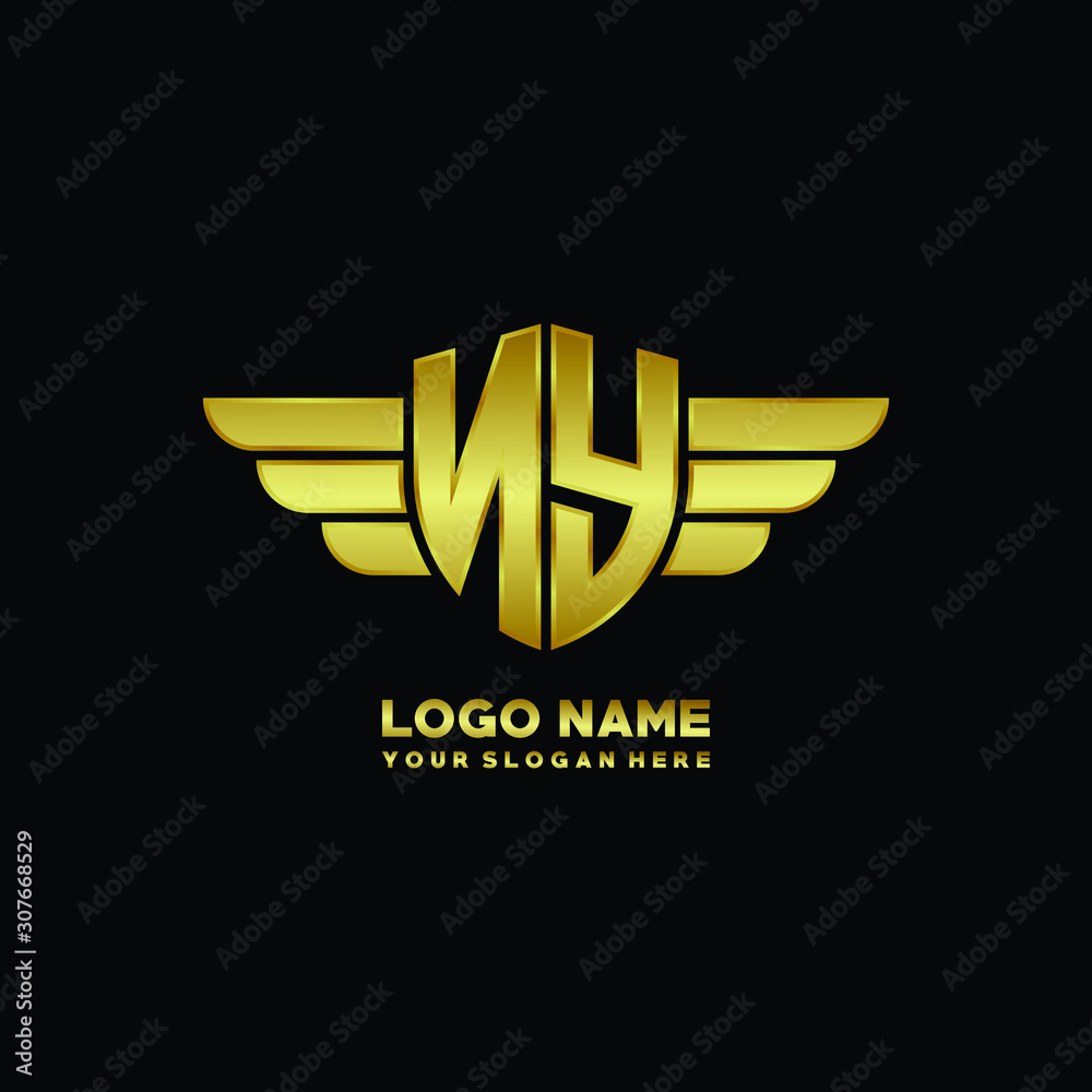 initial letter NY shield logo with wing vector illustration, gold color initial letter NY shield logo with wing vector illustration, gold color