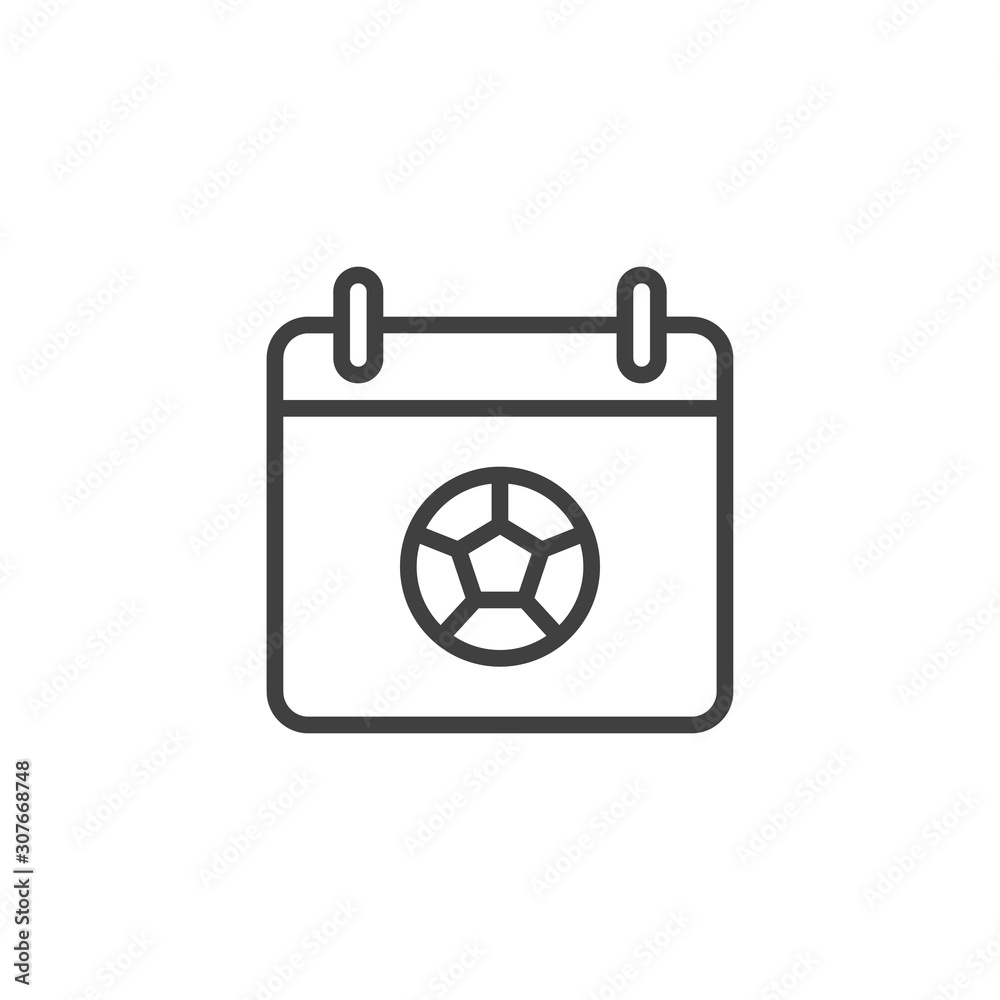 Football schedule line icon. linear style sign for mobile concept and web design. Calendar page with soccer ball outline vector icon. Symbol, logo illustration. Vector graphics Football schedule line icon. linear style sign for mobile concept and web design. Calendar page with soccer ball outline vector icon. Symbol, logo illustration. Vector graphics