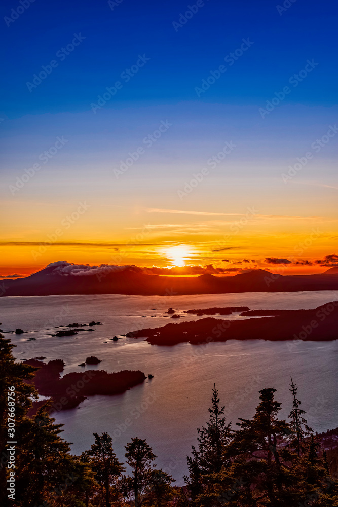 Panorama of Sunset over Ocean, Islands, Trees 