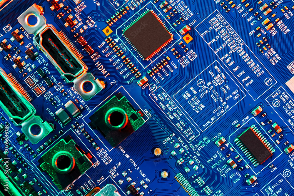 Electronic circuit board close up.