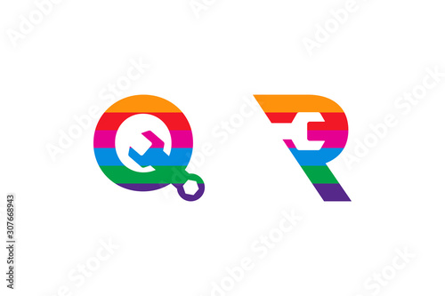 letter Q and letter R logo design template. colorful shape. combination repair tool and letter or initial. 