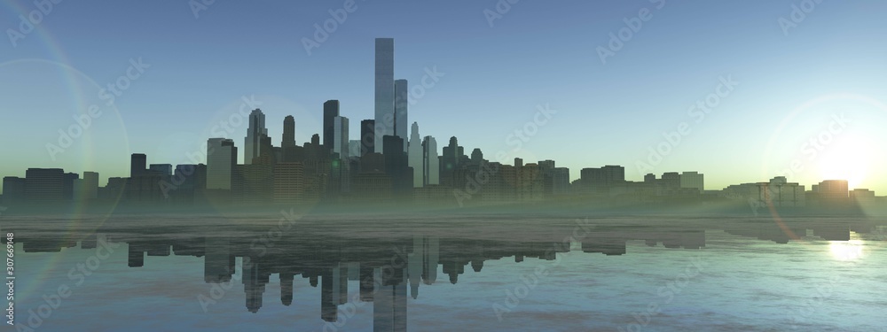 Obraz premium Winter city over a frozen river. 3d rendering.