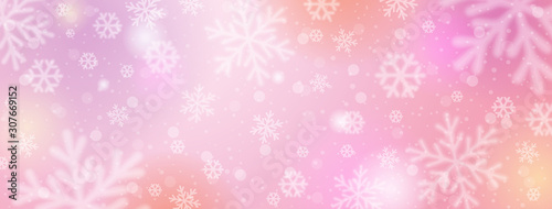 Pink christmas banner with white blurred snowflakes. Merry Christmas and Happy New Year greeting banner. Horizontal new year background, headers, posters, cards, website. Vector illustration