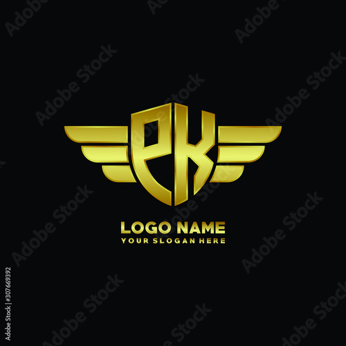 initial letter PK shield logo with wing vector illustration, gold color