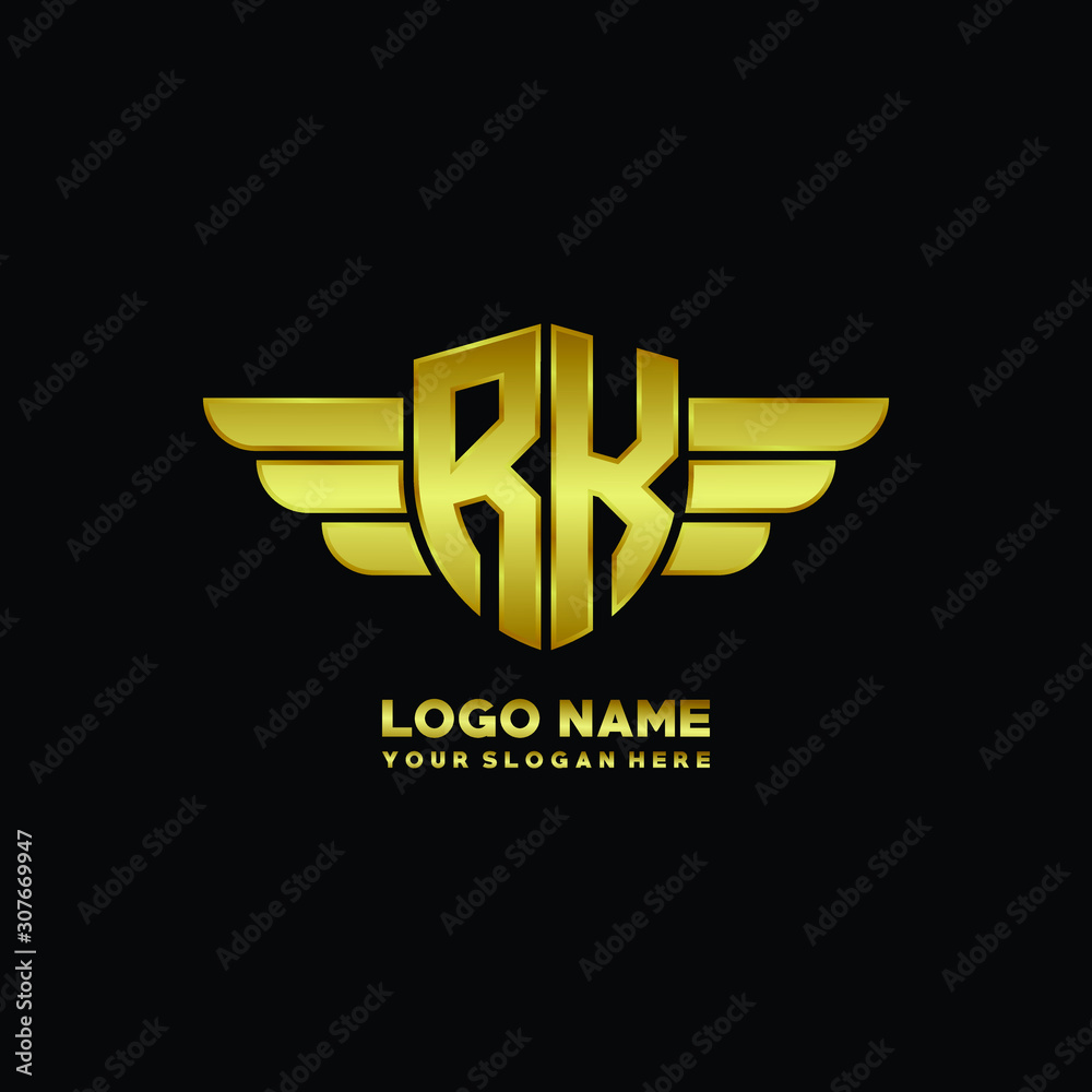 initial letter RK shield logo with wing vector illustration, gold color