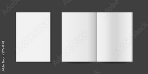 Realistic book or magazine mockup. Mockup magazine cover and page spread. Opened and closed book. Vector template for business and branding identity.