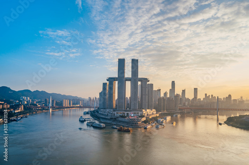 High angle sunny scenery of Chaotianmen Pier in Chongqing, China