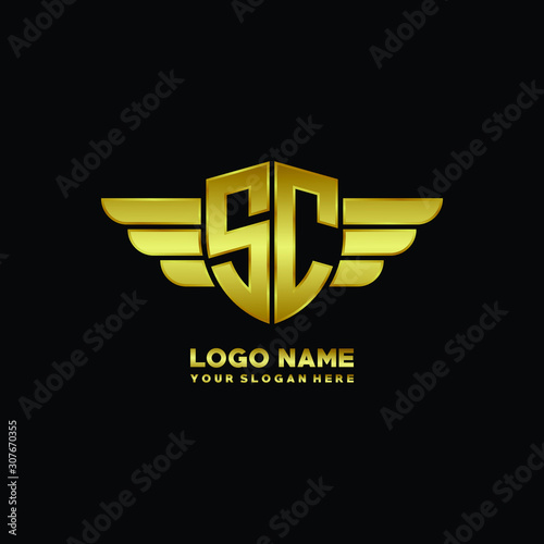 initial letter SC shield logo with wing vector illustration, gold color