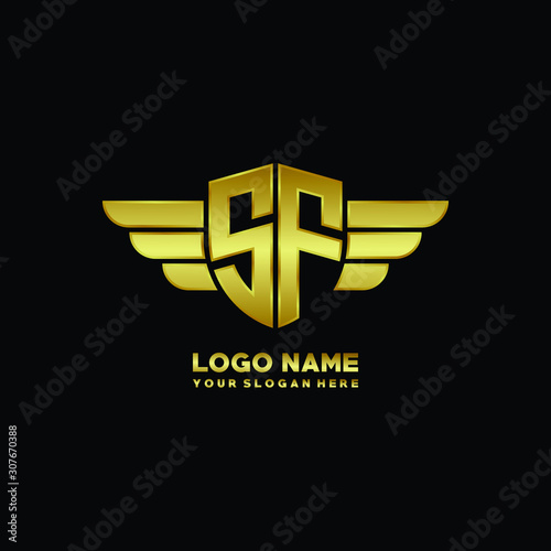 initial letter SF shield logo with wing vector illustration, gold color