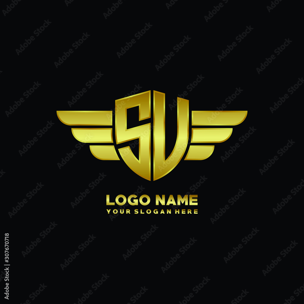 initial letter SU shield logo with wing vector illustration, gold color