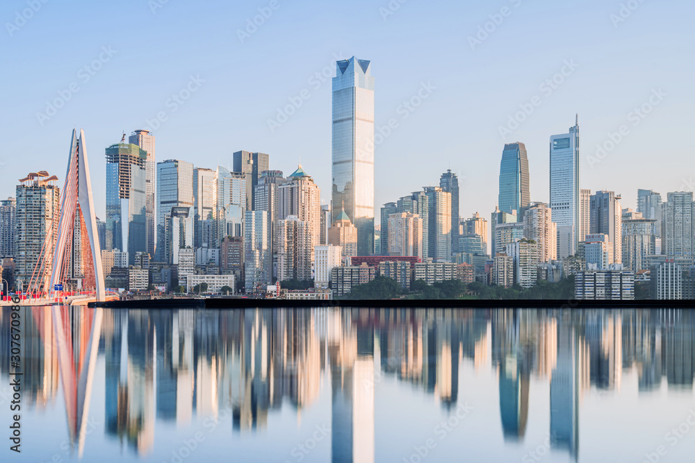 The reflection of bridge and skyscrapers in Chongqing, China