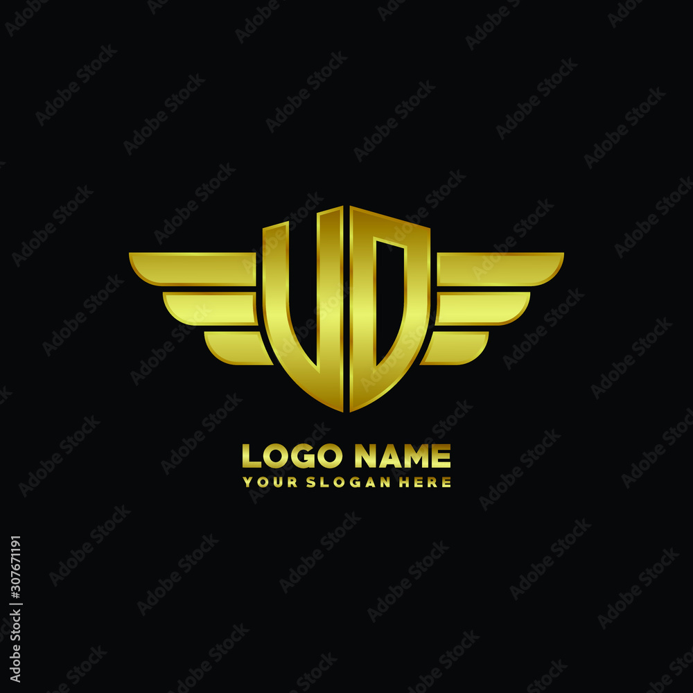 Fototapeta premium initial letter UO, VO shield logo with wing vector illustration, gold color