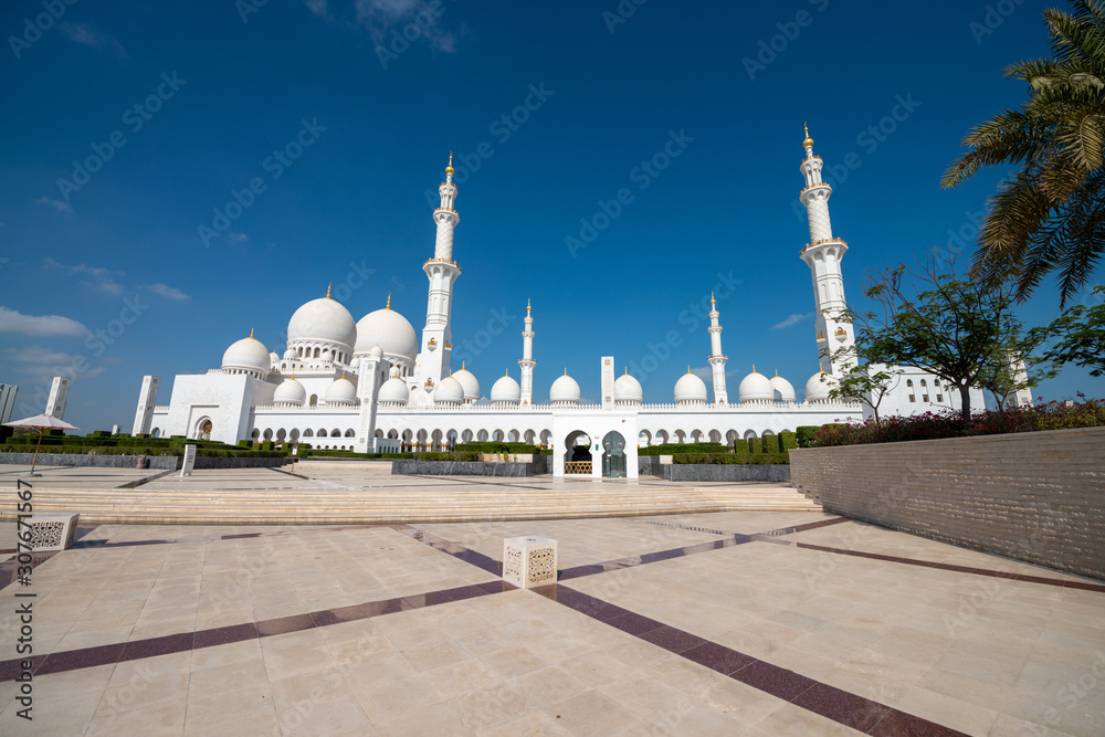 Abu Dhabi Sheikh Zayed Mosque on a sunny day, external view