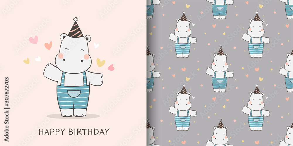 Draw greeting card and print pattern of hippo for fabric textiles kids.