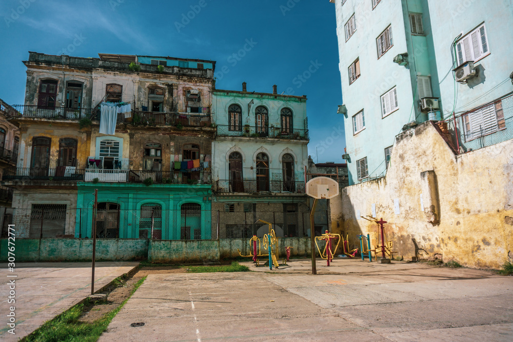 old basketball court in coloful city, Havana, Cuba