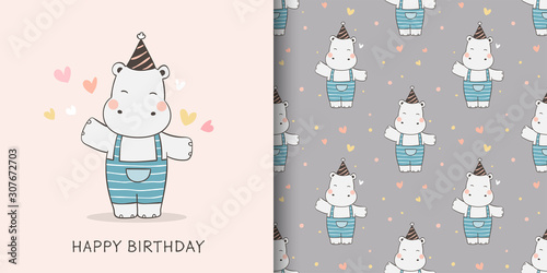 Draw greeting card and print pattern of hippo for fabric textiles kids.