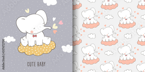 Draw greeting card and print pattern of elephant for fabric textiles.