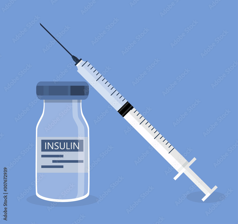 Insulin syringe, blood glucose testing meter and insulin bottle in flat style icon are shown for