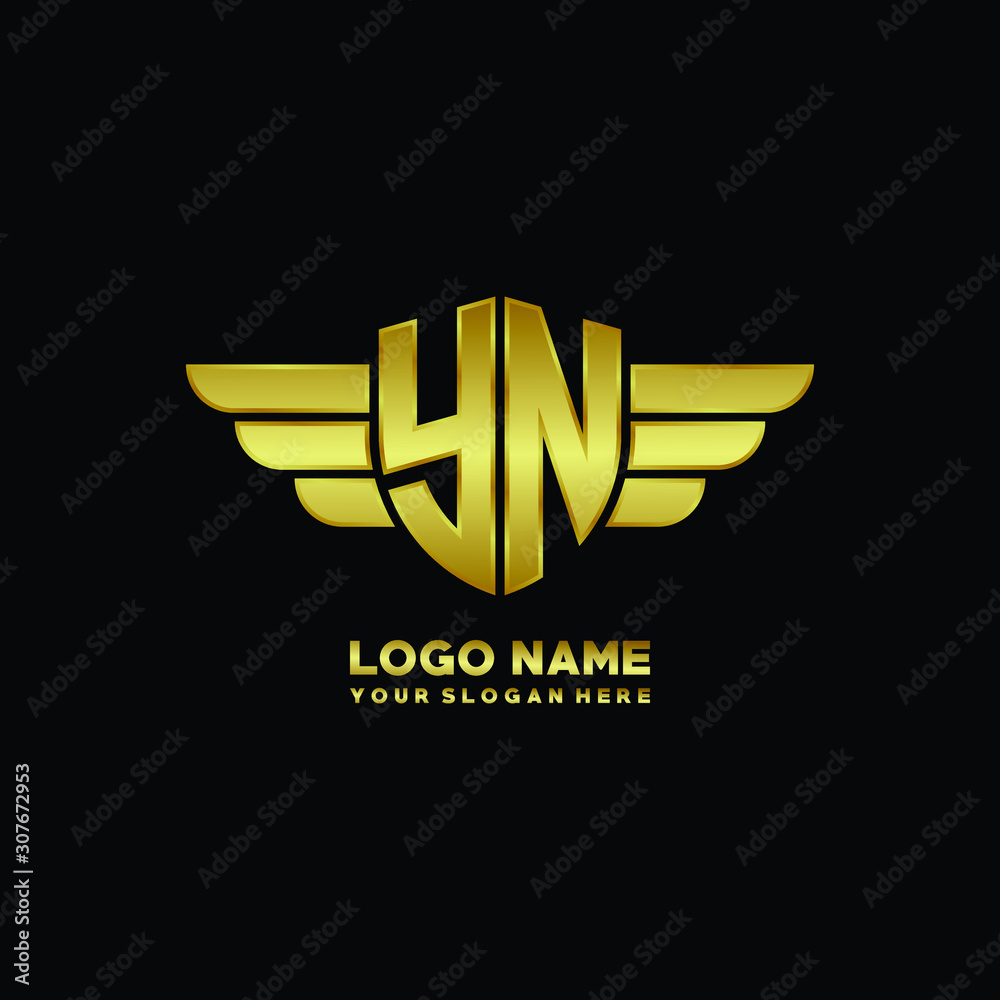initial letter YN shield logo with wing vector illustration, gold color initial letter YN shield logo with wing vector illustration, gold color