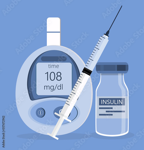 Insulin syringe, blood glucose testing meter and insulin bottle in flat style icon are shown for type 2 diabetes control. Help for diabetics and insulin production photo
