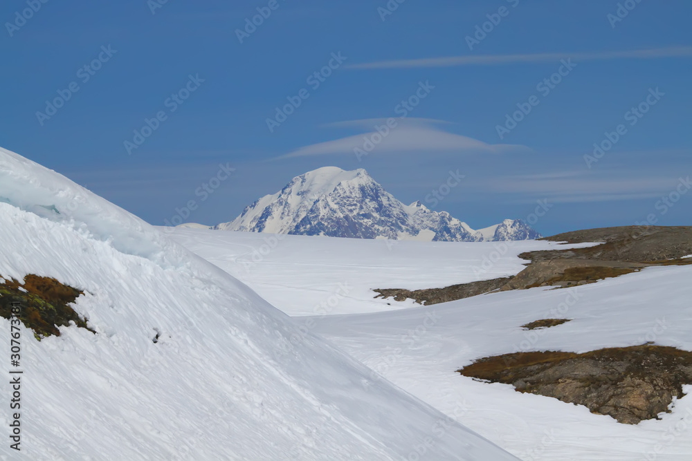 Panoramic view of the mountains of France on a winter sunny day. Haute Savoy, France. Snow Park.