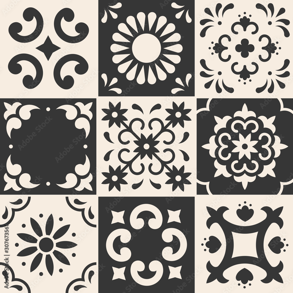 Mexican talavera pattern. Ceramic tiles in traditional style from Puebla. Mexico floral mosaic in blue and white. Folk art design.