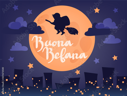 Buona Befana (translation: Happy Epiphany) greeting card template with handwritten lettering, old witch flying on a broom in the night to bring presents. Hand drawn flat vector illustration.